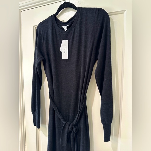 Topshop black long sleeve crewneck tie belt slit maxi sweater dress nwt - Picture 2 of 11